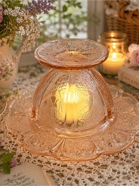 Vintage Pink Depression Glass Cherry Blossom Fairy Lamp | Sherbet & Plate